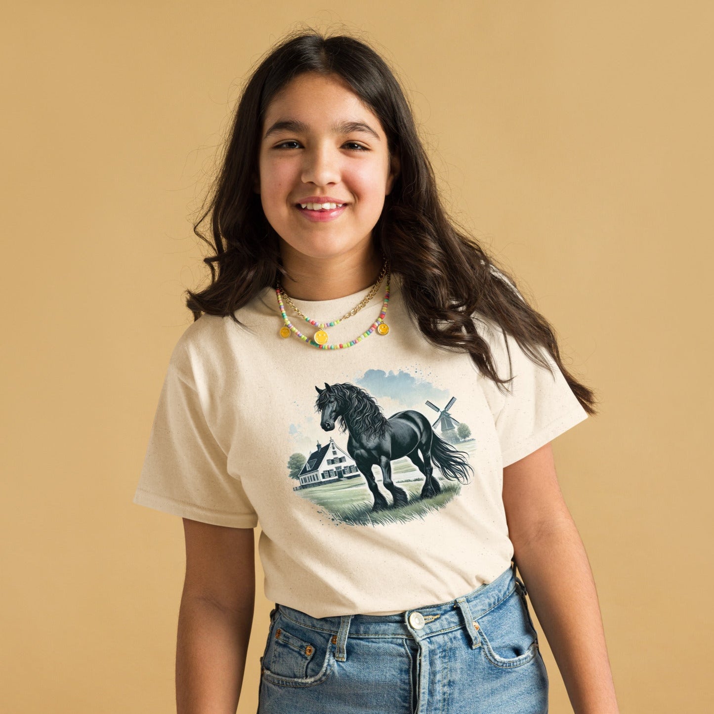 Friesenpferd auf der Weide – Aquarell – Mädchen T-Shirt