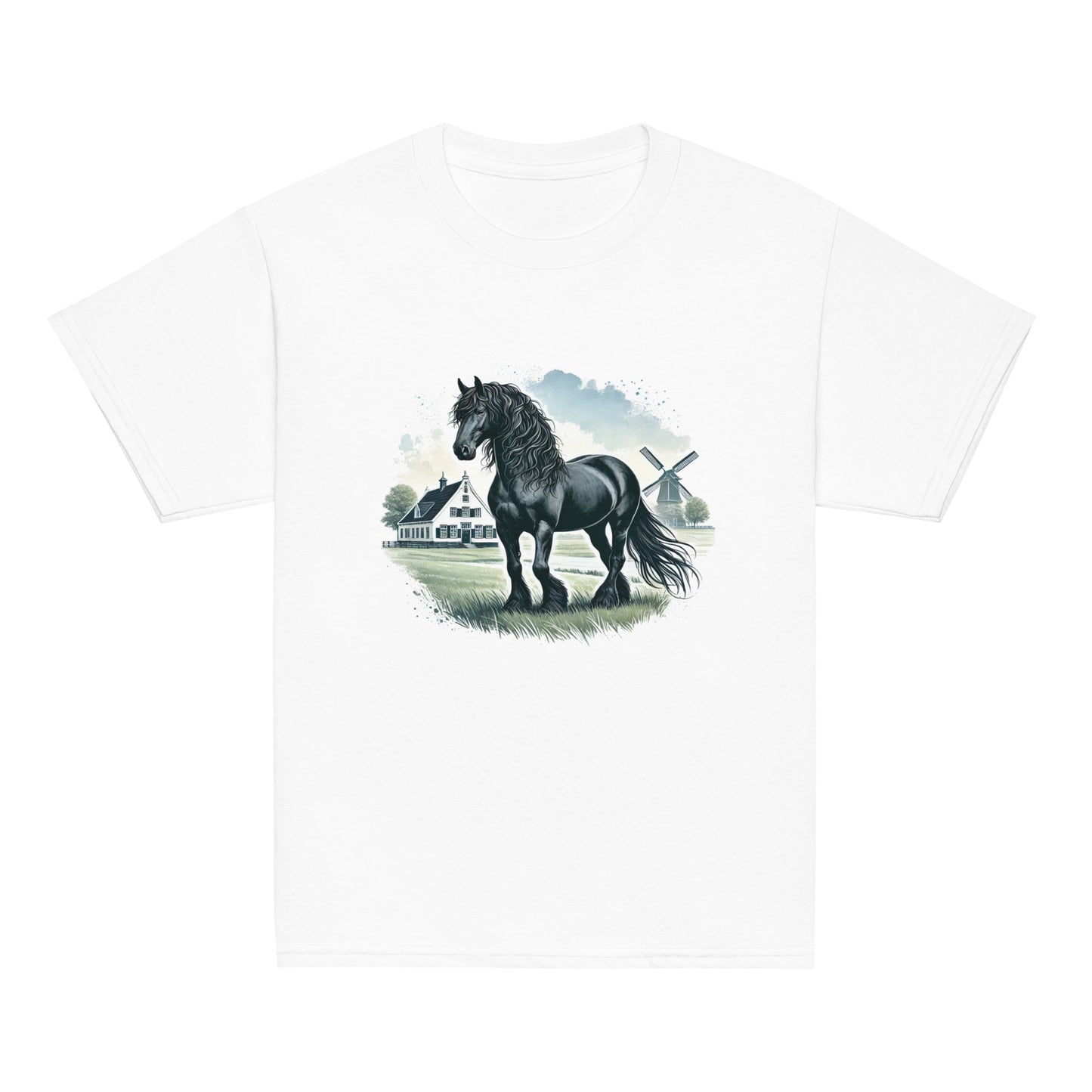 Friesenpferd auf der Weide – Aquarell – Mädchen T-Shirt