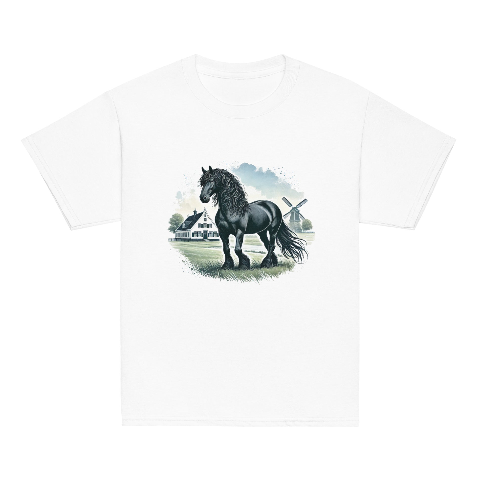 Friesenpferd auf der Weide – Aquarell – Mädchen T-Shirt