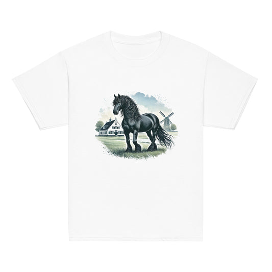 Friesenpferd auf der Weide – Aquarell – Mädchen T-Shirt