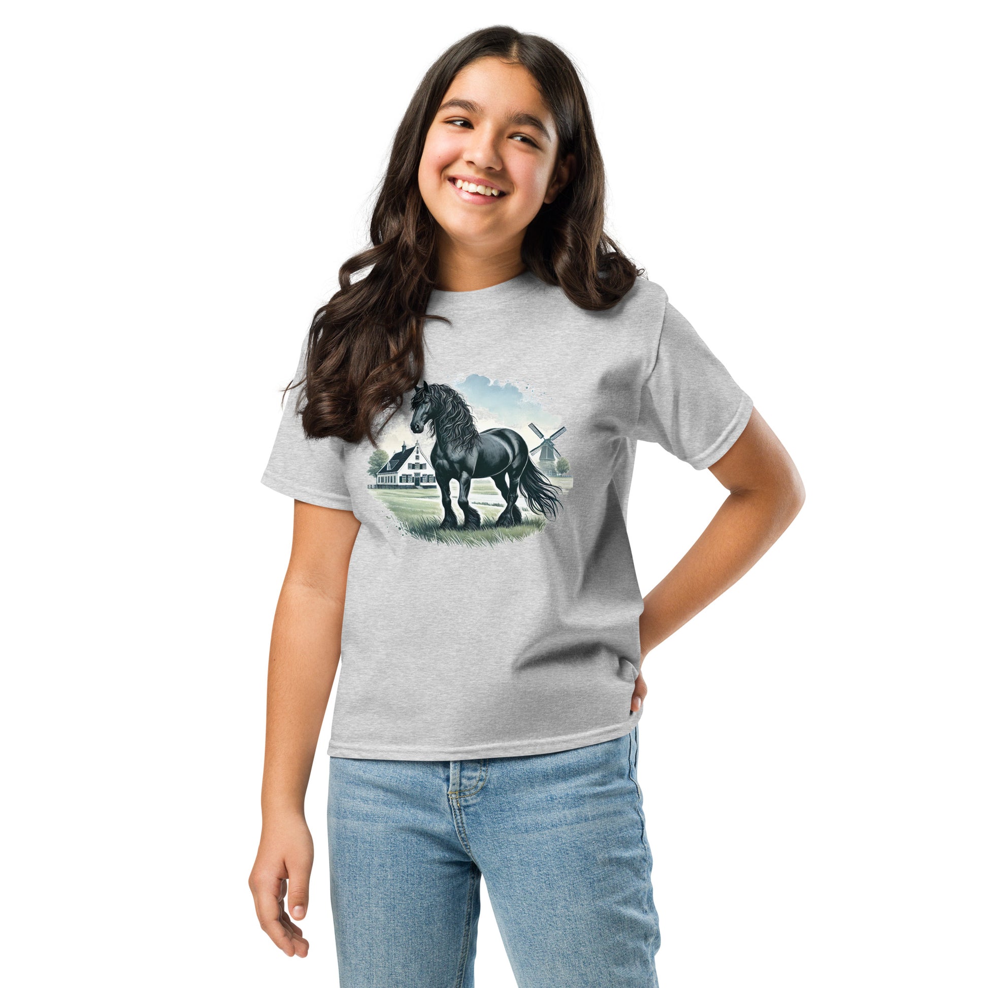 Friesenpferd auf der Weide – Aquarell – Mädchen T-Shirt